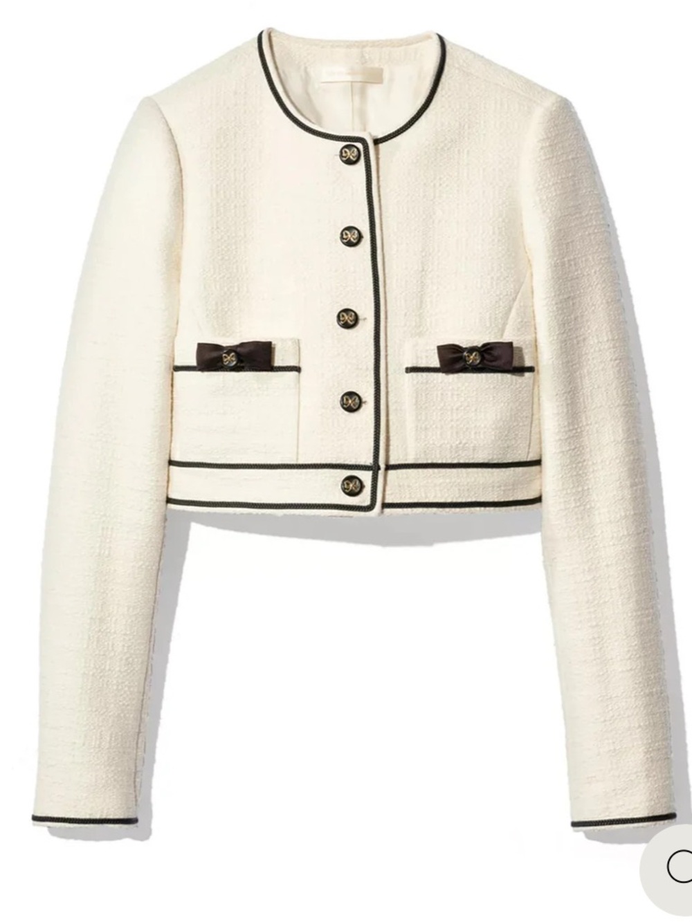 Love Shack Fancy Cropped Cream Tweed Jacket with Black Trim